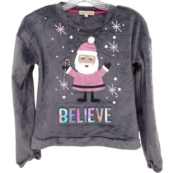 Margaux & Lexi Girls Gray Velour Believe Christmas Top Sz L (14) - Picture 11 of 12